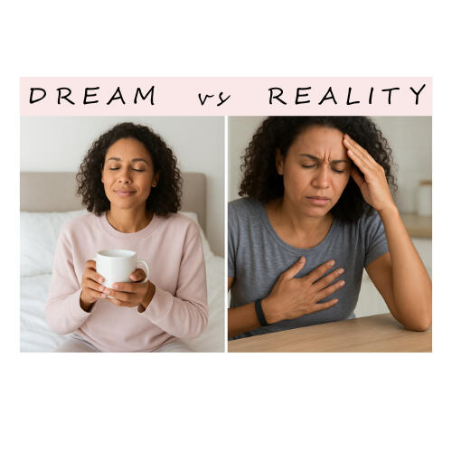 Sometimes you want nothing more than rest — but your mind and body won’t cooperate. This is the reality for many women facing sl Split image of a woman with sleep struggles — one side smiling in bed with tea, the other side worried and unable to rest. Represents the challenge of wanting sleep but not being able to get it.
